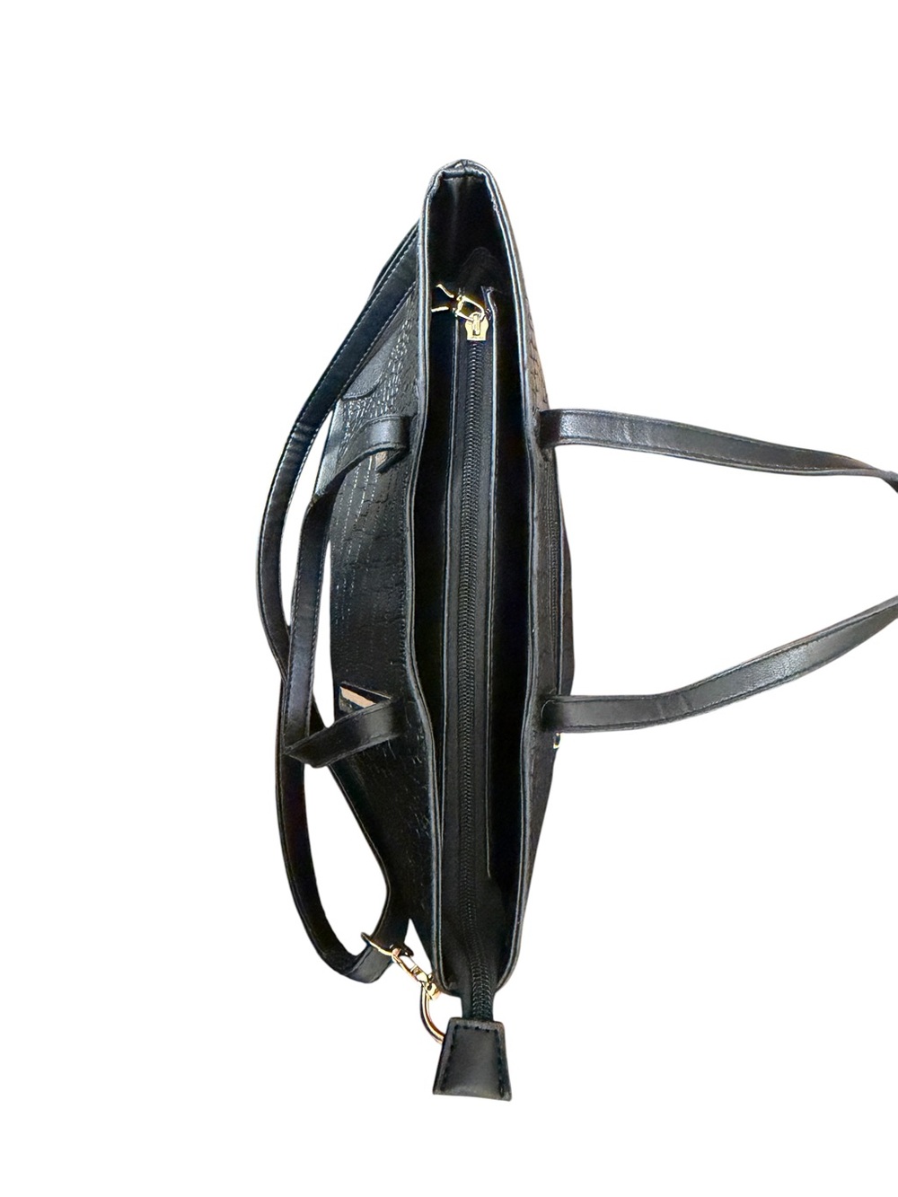 Black Croc Embossed Satchel Tote Bag | Gold Hardware | Shoulder & Crossbody Styl - Picture 7 of 10